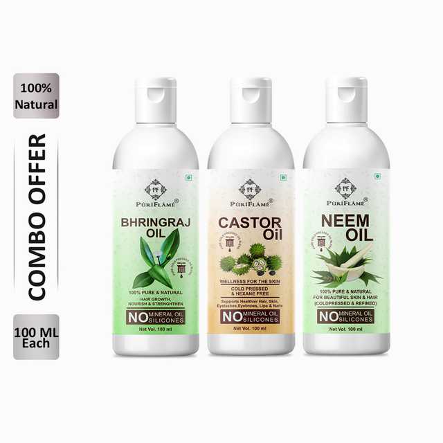 PuriFlame Pure Bhringraj Oil (100 ml) & Castor Oil (100 ml) & Neem Oil (100 ml) Combo For Rapid Hair Growth (Pack Of 3) (B-2693)