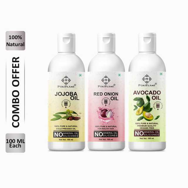 PuriFlame Pure Jojoba Oil (100 ml) & Red Onion Oil (100 ml) & Avocado Oil (100 ml) Combo For Rapid Hair Growth (Pack Of 3) (B-5258)