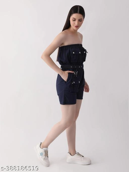 Denim Solid Jumpsuit for Women (Navy Blue, S)