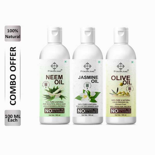 PuriFlame Pure Neem Oil (100 ml) & Jasmine Oil (100 ml) & Olive Oil (100 ml) Combo For Rapid Hair Growth (Pack Of 3) (B-5861)