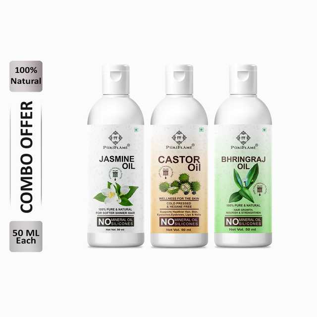 Puriflame Pure Jasmine Oil (50 ml), Castor Oil (50 ml) & Bhringraj Oil ( 50 ml) Combo for Rapid Hair Growth (Pack Of 3) (B-11130)