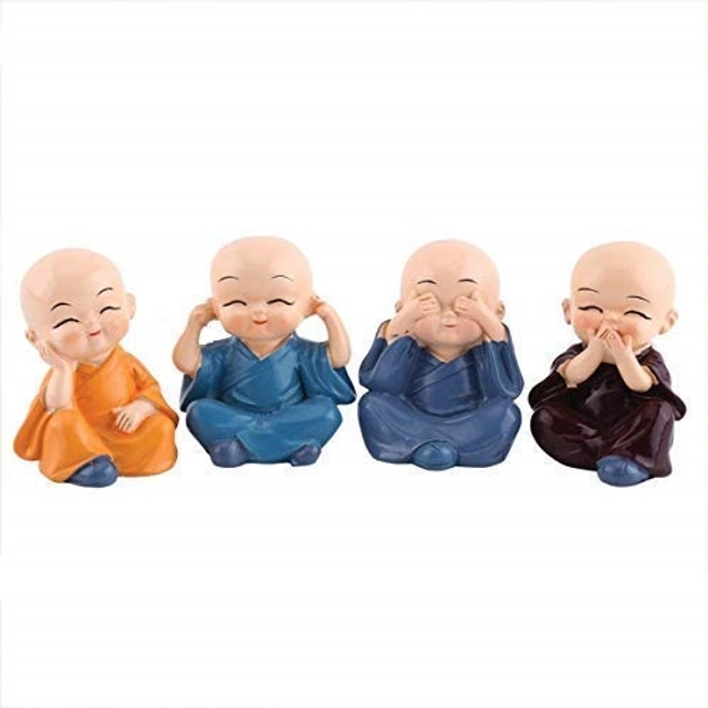 Polyresin Baby Monks Showpiece for Car Dashboard (Multicolor, Pack of 4)