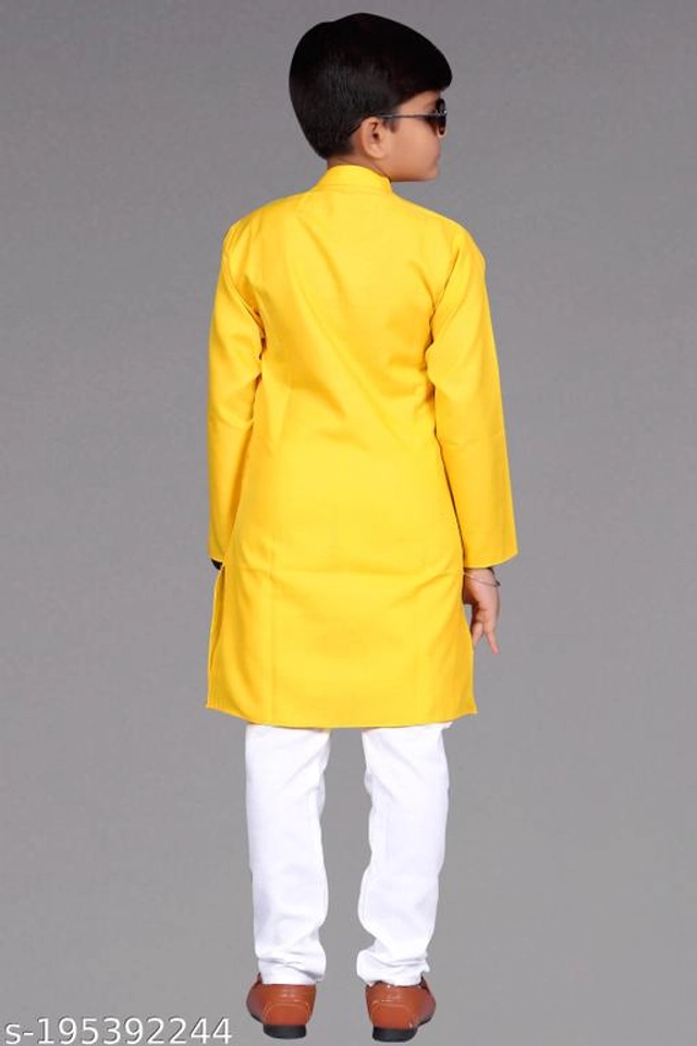 Cotton Blend Kurta Sets for Boys (3-4 Years, Yellow & White)