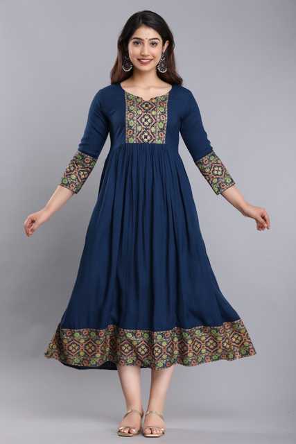 Vasuprada Rayon Anarkali Gown For Womens (Blue & Gold, XL) (V-18)