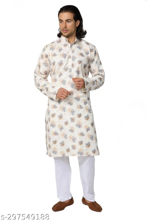 Cotton Printed Kurta with Pyjama for Men (Cream & White, S)