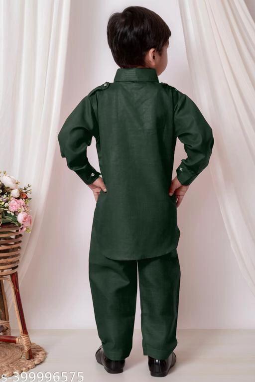 Cotton Solid Kurta with Pyjama for Boys (Green, 1-2 Years)