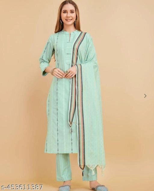 Cotton Solid Kurti with Pant & Dupatta for Women (Sea Green, S)