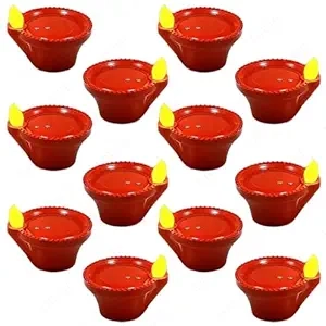 Plastic Traditional Water Sensor LED Diya for Diwali (Brown, Pack of 12)