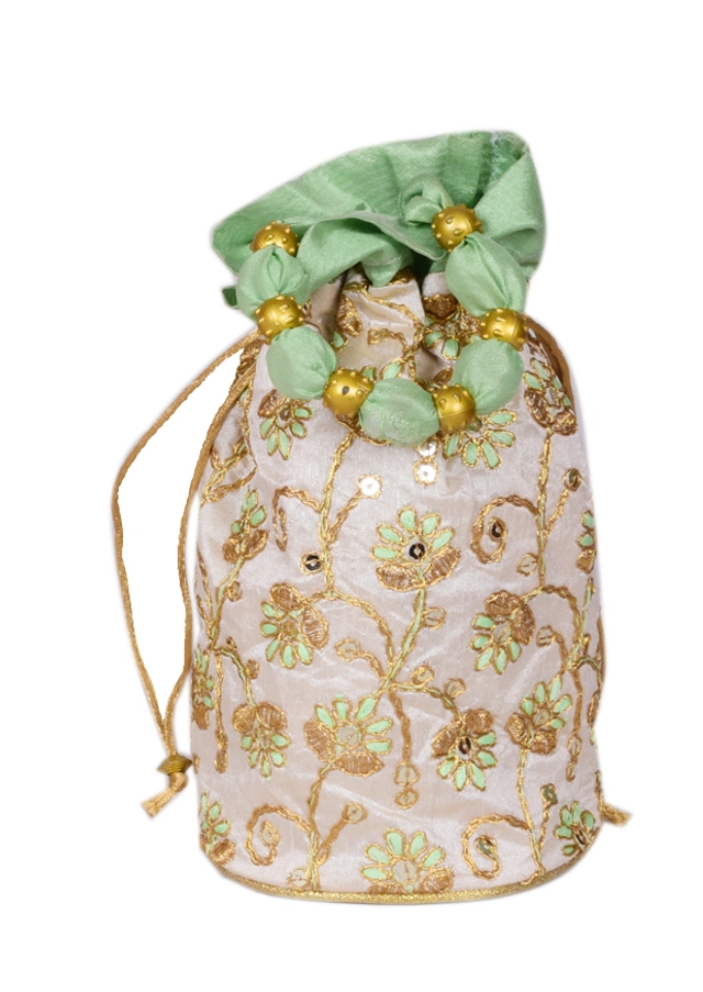 Silk Floral Ethnic Rajasthani Traditional Work Potli with Handle for Return Gifts (Green)