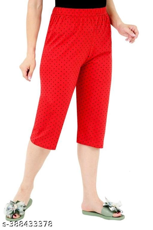 Cotton Solid Capri for Women (Red, S)