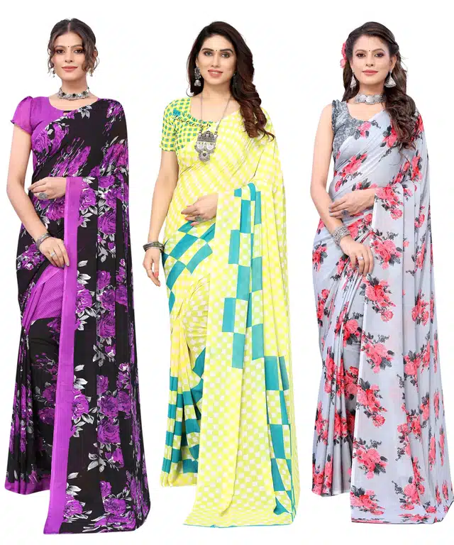 Women's Designer Floral Printed Saree with Blouse Piece (Pack of 3) (Multicolor) (SD-195)