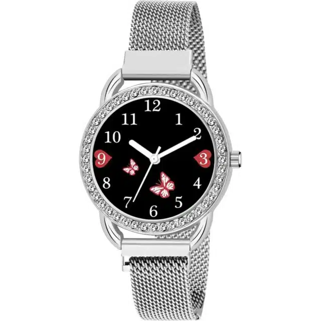 Analog Watch with Magnetic Strap for Women & Girls (Silver)