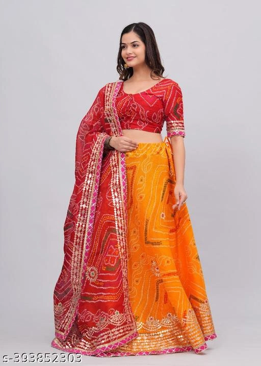 Kota Doriya Bandhani Semi Stitched Lehenga with Choli & Dupatta for Women (Red & Yellow)