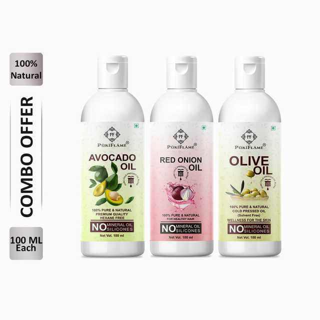 PuriFlame Pure Avocado Oil (100 ml) & Red Onion Oil (100 ml) & Olive Oil (100 ml) Combo For Rapid Hair Growth (Pack Of 3) (B-2533)