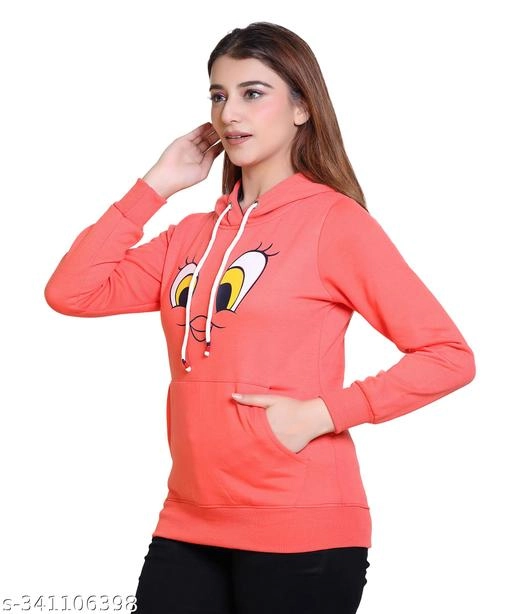 Fleece Printed Hoodie for Women (Red, M)