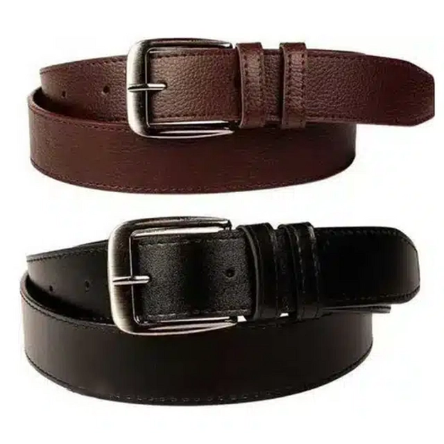 Faux Leather Belt for Men (Black & Brown, 34) (Pack of 2)