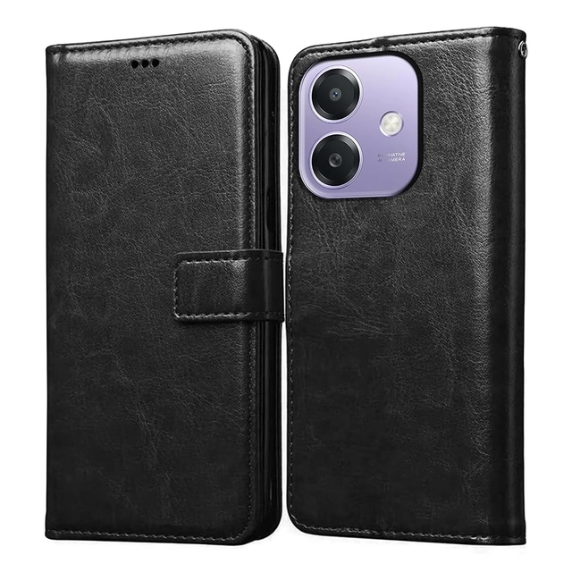 Artificial Leather Mobile Flip Cover for OPPO A3x 5G (Black)