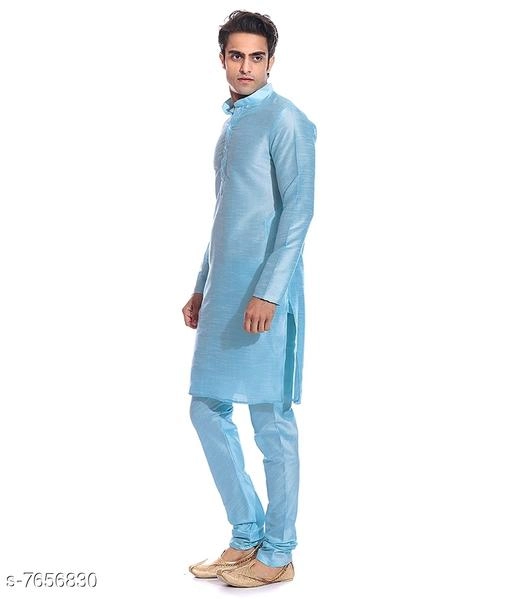 Dupion Silk Solid Kurta with Pyjama for Men (Sky Blue, S)