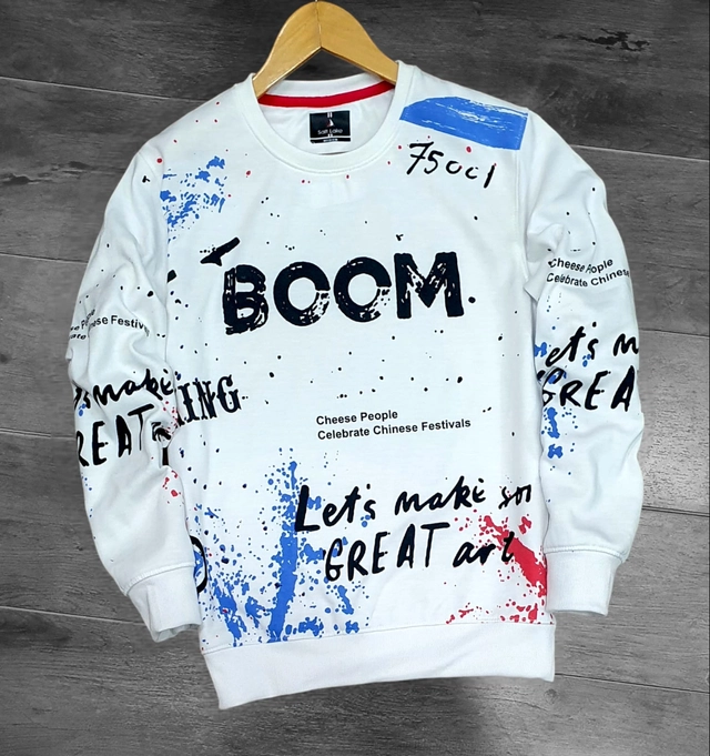 Fleece Printed Round Neck Sweatshirt for Men (White, M)