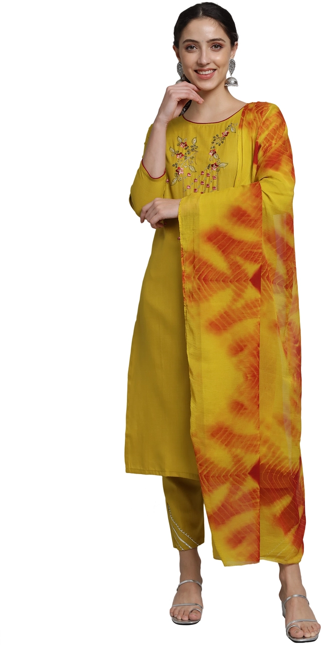 Cotton Blend Printed Kurti with Pant & Dupatta for Women (Multicolor, L)