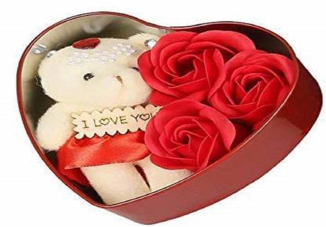 Artificial Roses with Teddy Bear Valentine's Day Gift Box (Multicolor)