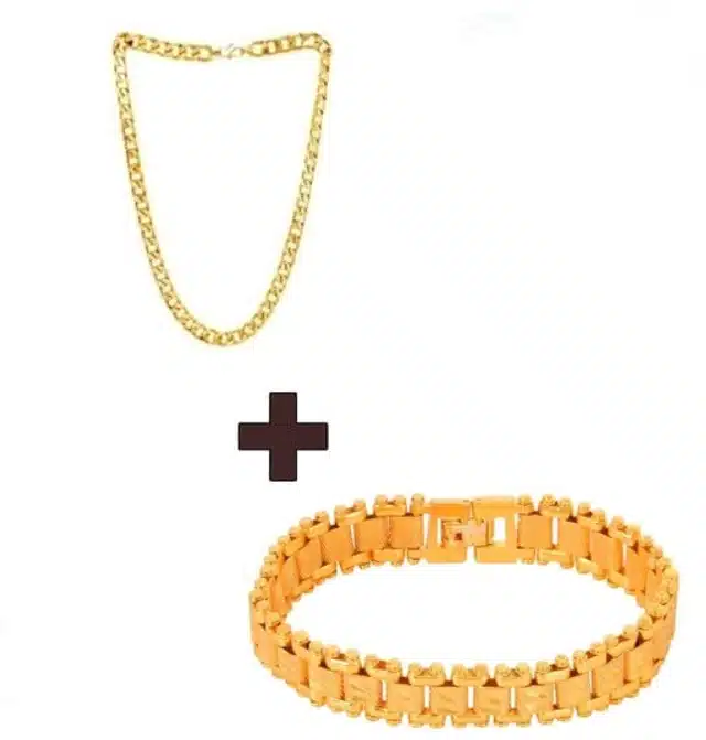 Designer Chain with Bracelet for Men & Boys (Gold, Set of 2)