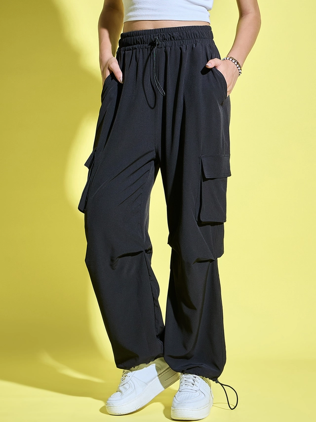 Polyester Loose Fit Trousers for Women (Black, 28)