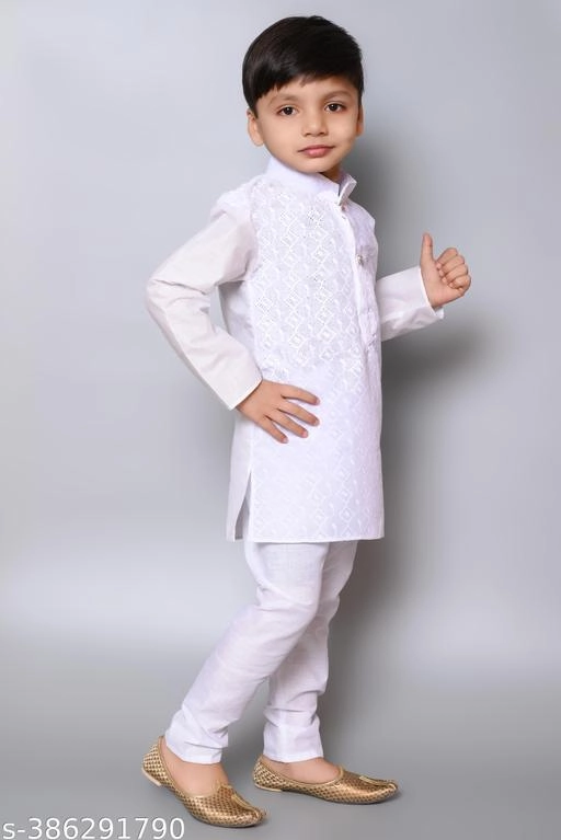 Cotton Blend Solid Kurta with Pyjama for Boys (White, 0-3 Months)