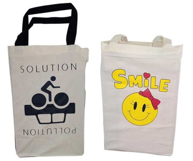 Active Basic Cotton Cartoon Printed With Zip Closure Canvas Bag (Pack Of 2, Off-White) (SS-362)