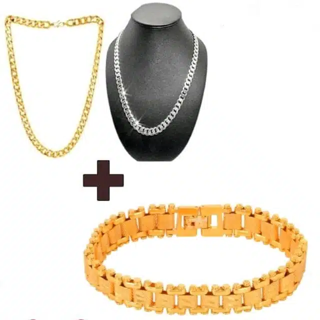 Designer 2 Pcs Chain with Bracelet for Men & Boys (Gold & Silver, Set of 2)