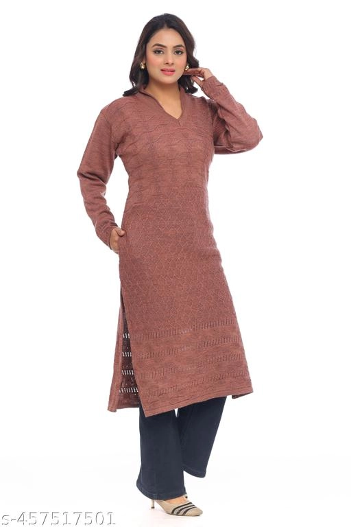 Woolen Solid Kurti for Women (Brown, L)