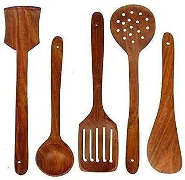 Wooden Cooking & Serving Spoons (Brown, Set of 5)