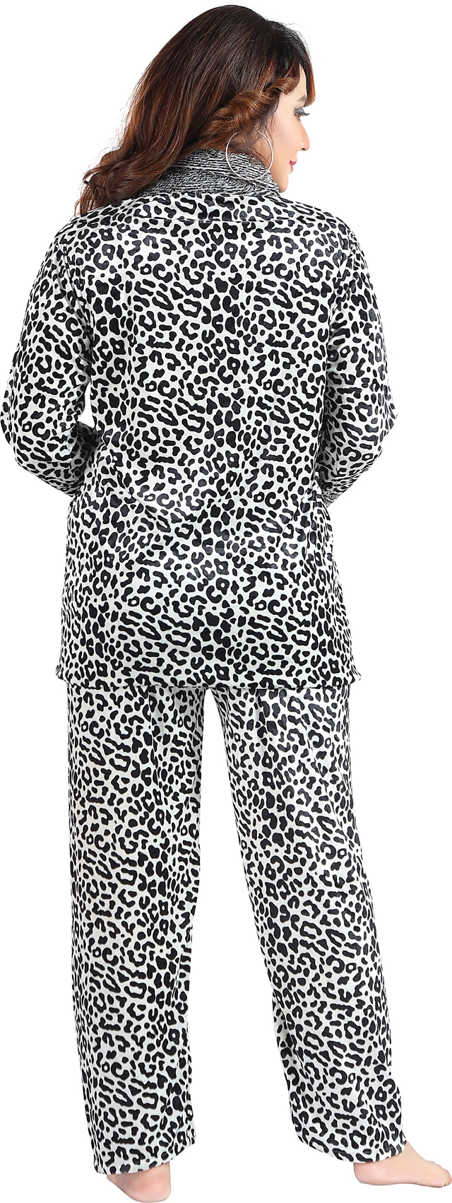 Velvet Printed Nightsuit for Women (White & Black, M)