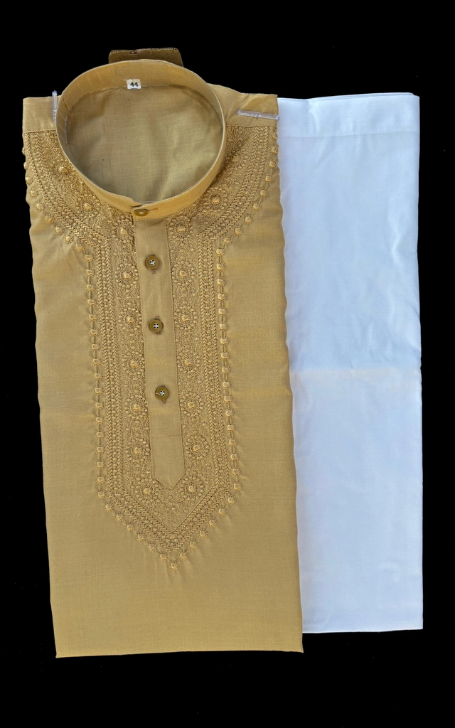 Cotton Embroidered Kurta with Pyjama for Men (Beige & White, M)