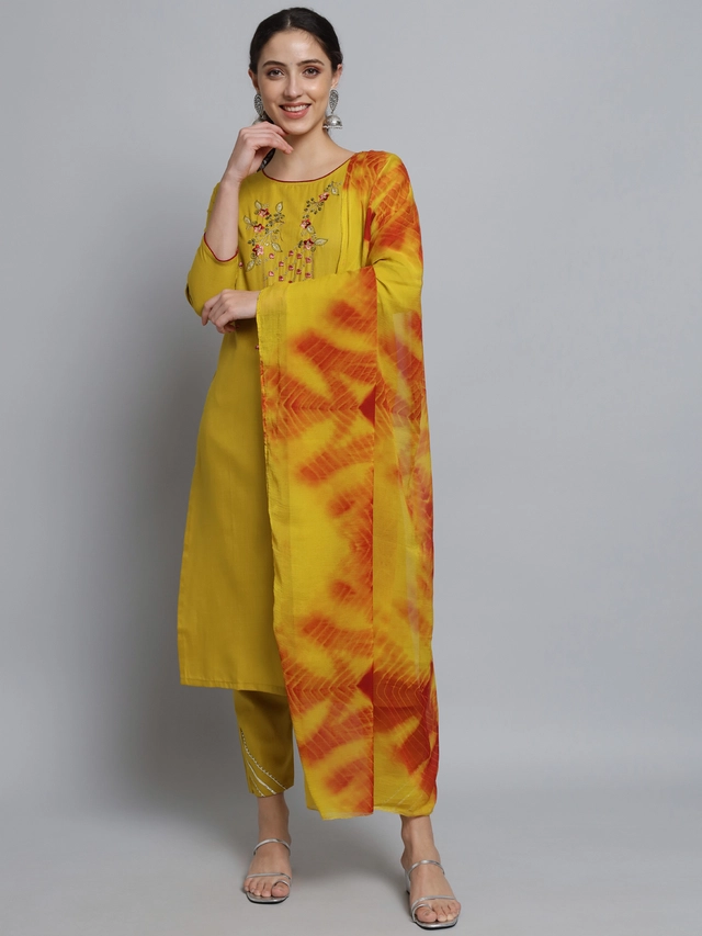 Cotton Blend Printed Kurti with Pant & Dupatta for Women (Multicolor, L)