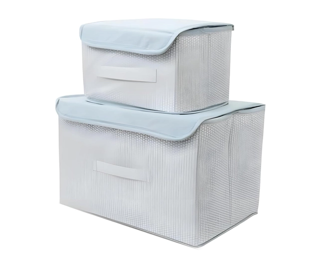 Crafty Craft Storage Basket, Box , Bins & Non-Woven Wardrobe Closet Organizer Foldable Drawer Rectangular Stackable Box/Bins with Lid & Handle (Grey,Set of 2)