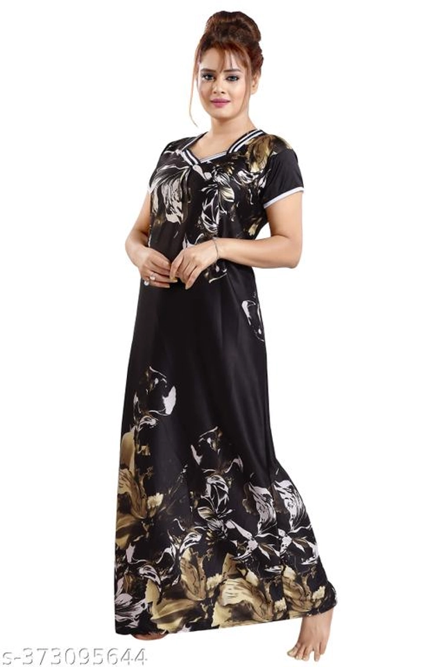 Satin Nightdress for Women (Black, L)