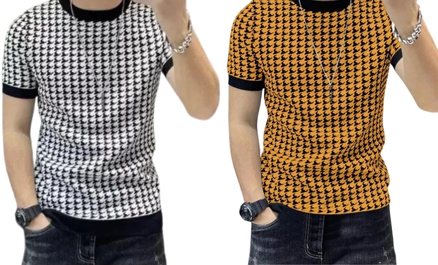 Round Neck Printed T-Shirt for Men (White & Mustard, S) (Pack of 2)