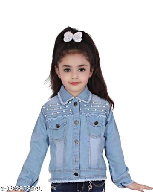 Denim Solid Jacket for Girls (Blue, 6-7 Years)