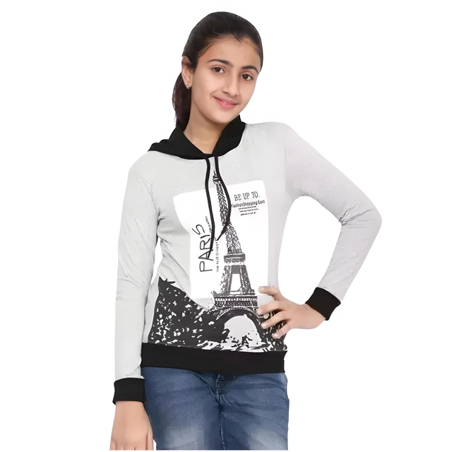 Cotton Blend Printed Hoodie for Girls (Grey, 2-3 Years)