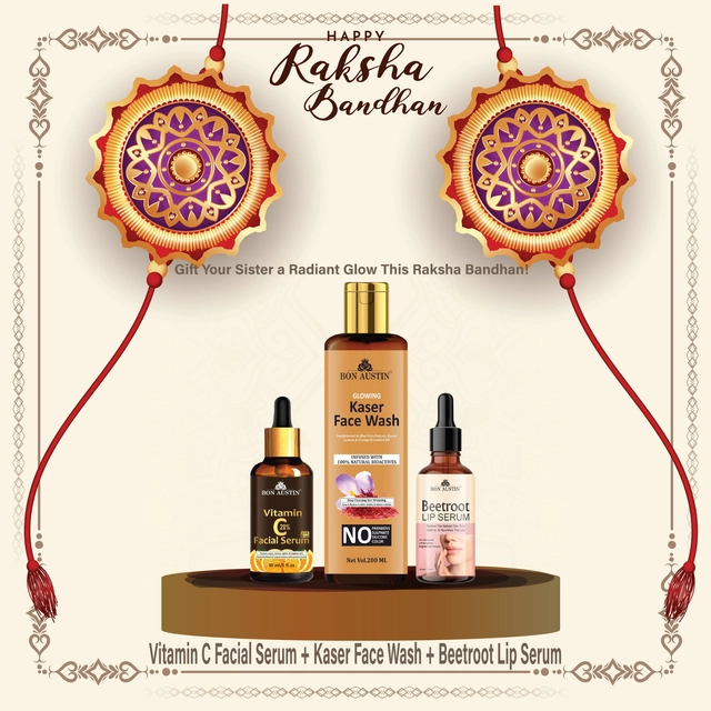 Combo of Bon Austin Vitamin C Facial Serum (30 ml) with Glowing Kesar Face Wash (200 ml) & Beetroot Lip Serum (30 ml) (Set of 3)