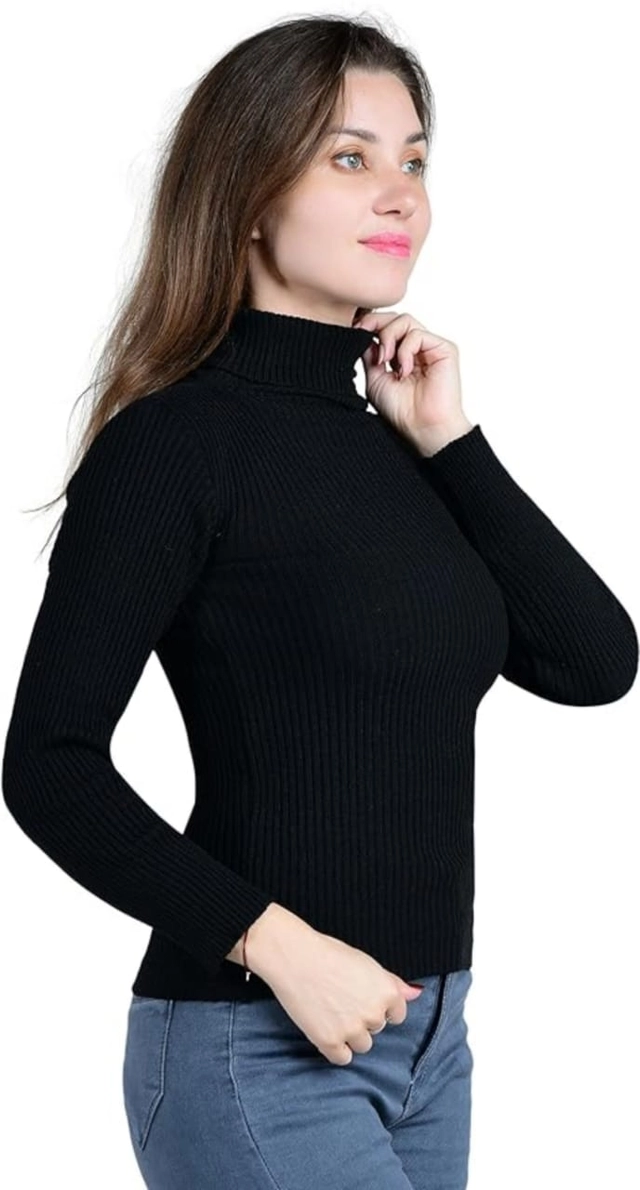 Cotton High Neck Solid Top for Women (Black, S)