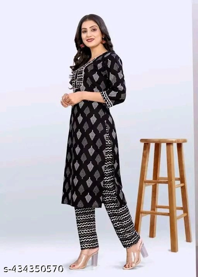 Cotton Printed Kurti with Pant for Women (Black, S)