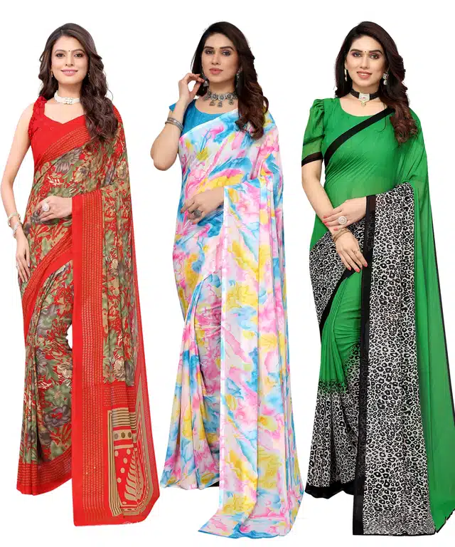 Women's Designer Floral Printed Saree with Blouse Piece (Pack of 3) (Multicolor) (SD-305)