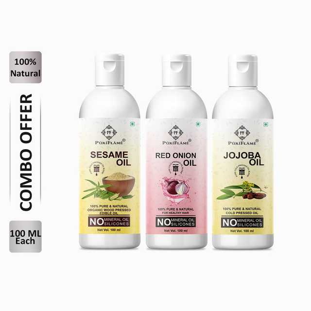 PuriFlame Pure Sesame Oil (100 ml) & Red Onion Oil (100 ml) & Jojoba Oil (100 ml) Combo For Rapid Hair Growth (Pack Of 3) (B-7678)