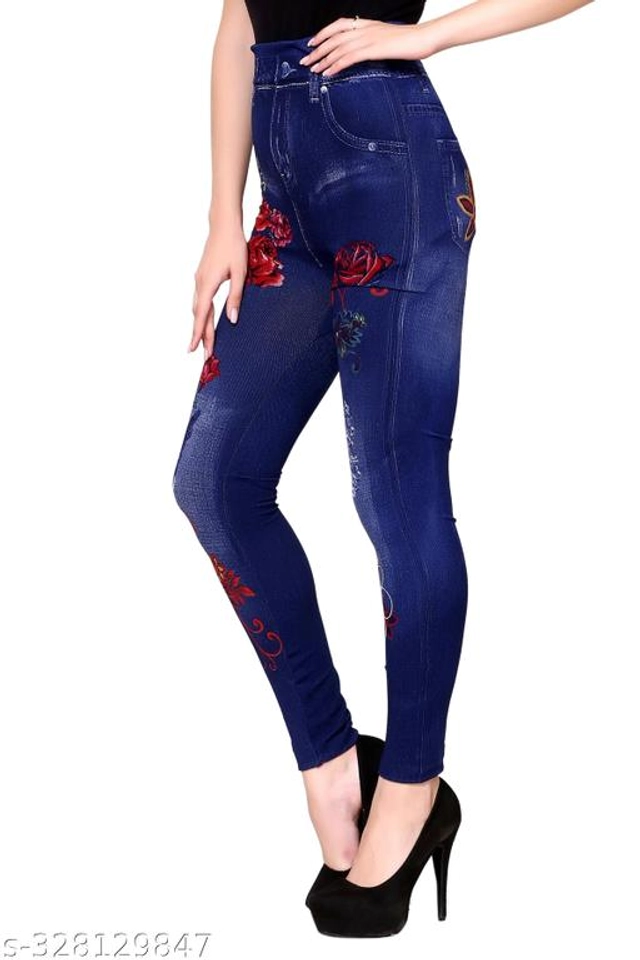 Polyester Dyed Jeggings for Women (Navy Blue, M)