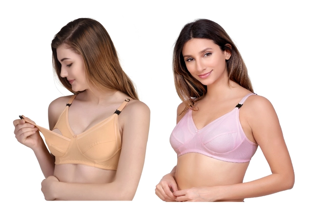 Cotton Blen Solid Non Padded Feeding Bras for Women (Multicolor, 32) (Pack of 2)