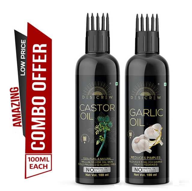 Desi Crew Cold Pressed Pure Castor Oil & Garlic Oil (Pacak Of 2, 100 ml) (KGE-134)