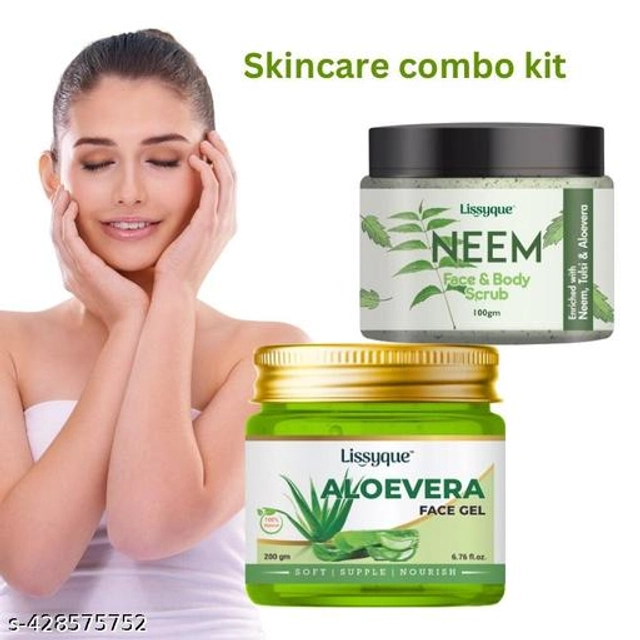  Lissyque natutal neem scrub 100 gm + aloevera gel 200 gm for remove dead skin, blackheads, to sooth skin and deep cleansing, for women and men scurb 100 gm+ gel 200 gm combo kit