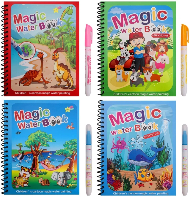 Reusable Magic Water Coloring Book with Pen for Kids (Multicolor, Set of 4)